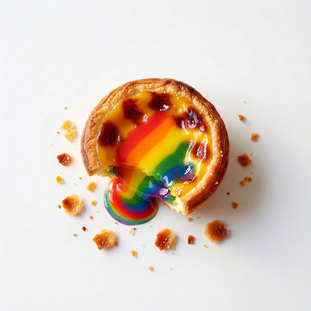 A pastel de nata, one bite taken, with rainbow-coloured custard spilling out onto the plate.
